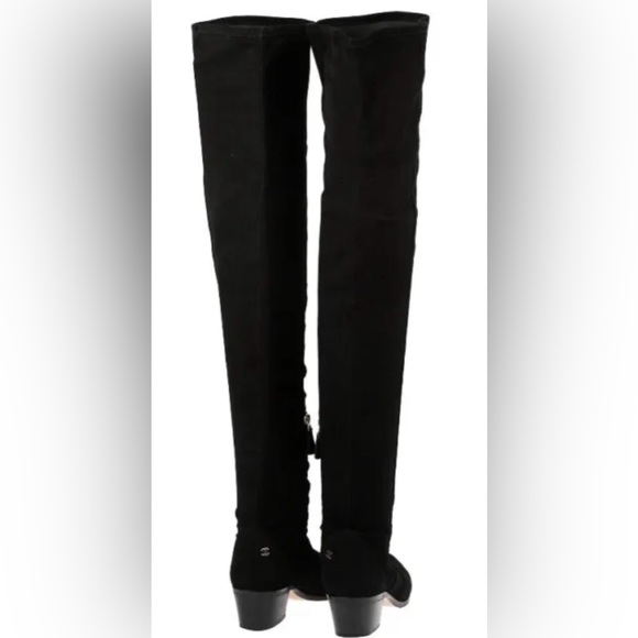 CHANEL BLACK LAMBSKIN SUEDE THIGH HIGH CC LOGO BOOTS SHOES 37 - Picture 4 of 9